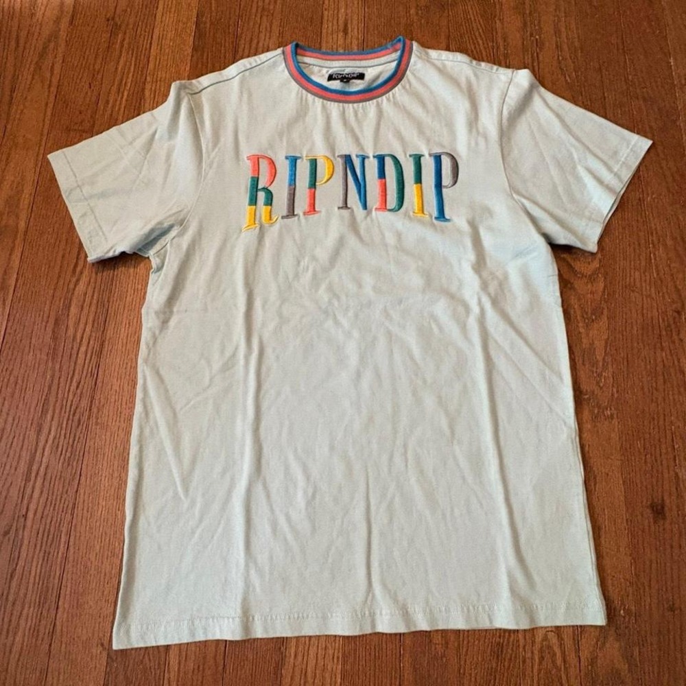 RIPNDIP Embroidered Logo T-Shirt | Men's Small S | Light Blue Multi-Color Ringer